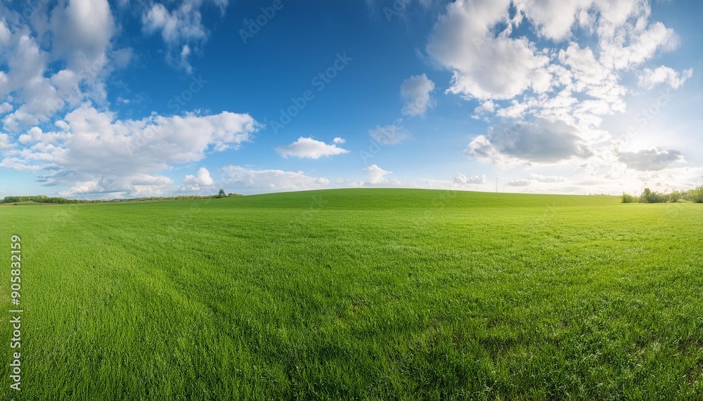 panoramic view of a beautiful green grass field with a blue sky and white clouds in the background panoramic view of a beautiful green grass field with a blue sky and white clouds in the background