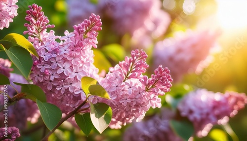 inflorescence of pink flower lilac with green leaves illuminated by sun on bush tree branch on sunny spring day bright blooming flowers plants vegetation natural background nature backdrop vertical photo