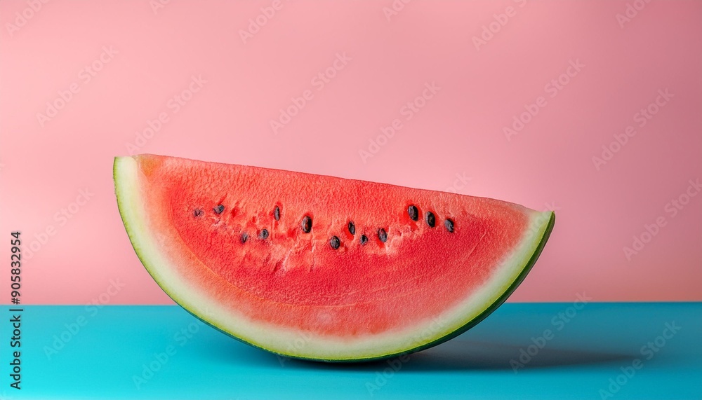 a slice of watermelon with a pink background and a blue table the watermelon is in the foreground and is slightly angled to the right a slice of watermelon with a pink background and a blue table the watermelon is in the foreground and is slightly angled to the right