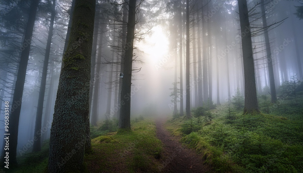 Fototapeta premium mysterious foggy forest with tall trees and an ethereal glow