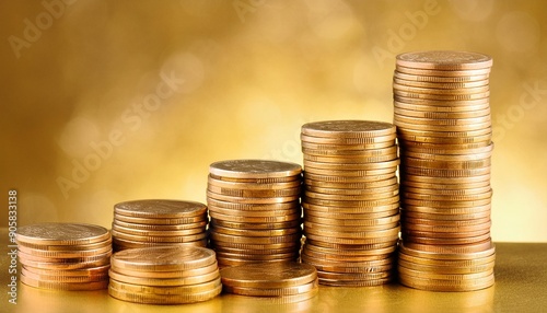 a golden stack of coins on a golden background the coins are in various sizes and denominations the background is a solid gold color