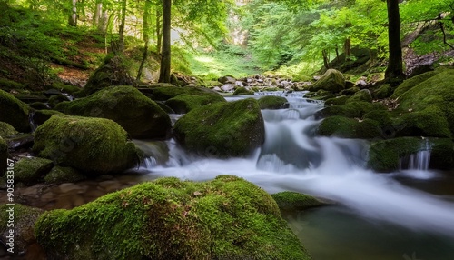 peaceful steam in the forest long exposure