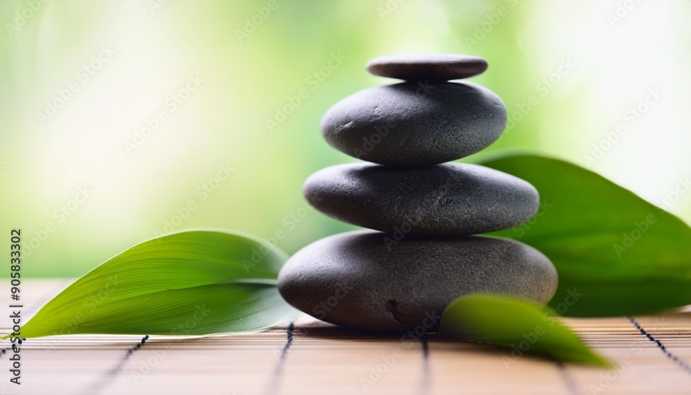 spa still life with zen stone and green leaves spa still life with zen stone and green leaves