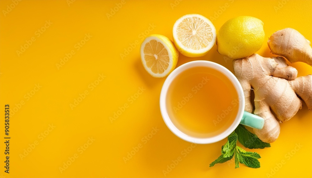 healthy organic vegan immunity booster herbal drink antioxidant anti inflammatory ginger lemon tea with ingredient fresh ginger lemon mint yellow background with copy space healthy organic vegan immunity booster herbal drink antioxidant anti inflammatory ginger lemon tea with ingredient fresh ginger lemon mint yellow background with copy space