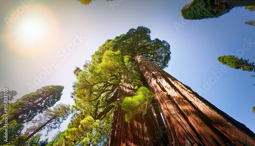 redwood tree sequoiadendron giganteum bergmammutbaum huge monumental plant with thick trunk and many branches in spring sunstar up view photo