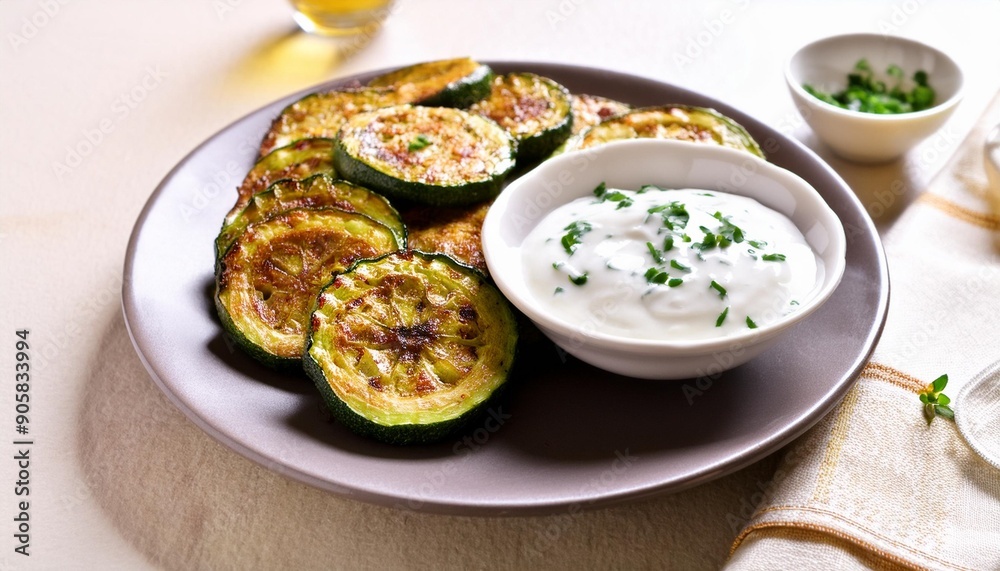 fried sliced zucchini served with yogurt dip fried sliced zucchini served with yogurt dip