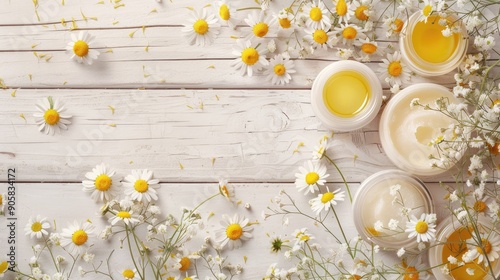 Chamomile flower beauty product samples displayed on white wooden surface