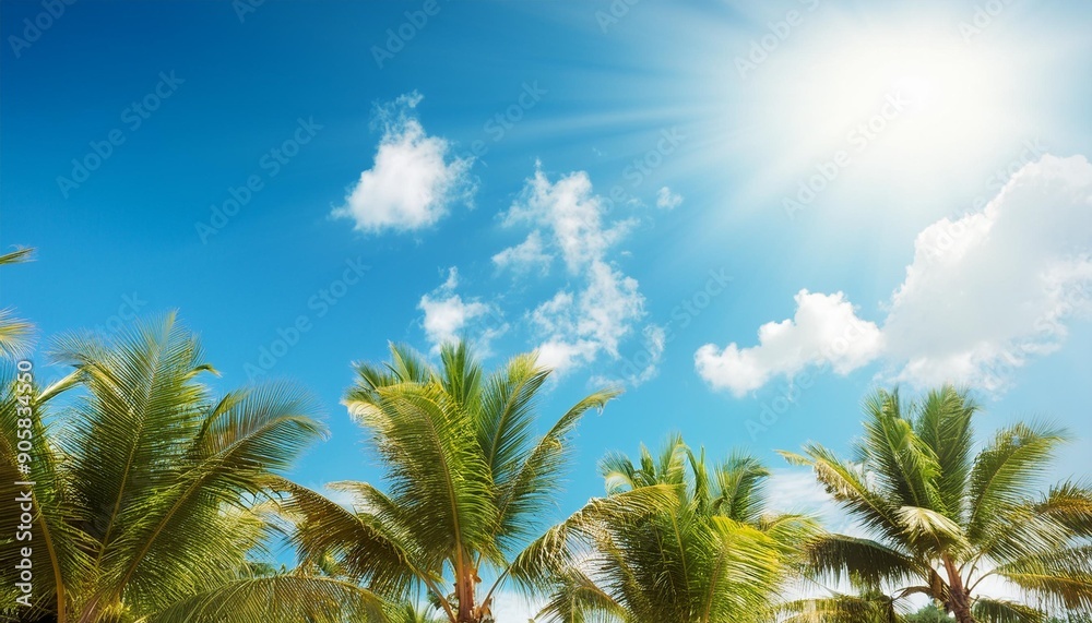 tropical palm trees under blue skies and sunshine on a sunny day tropical palm trees under blue skies and sunshine on a sunny day