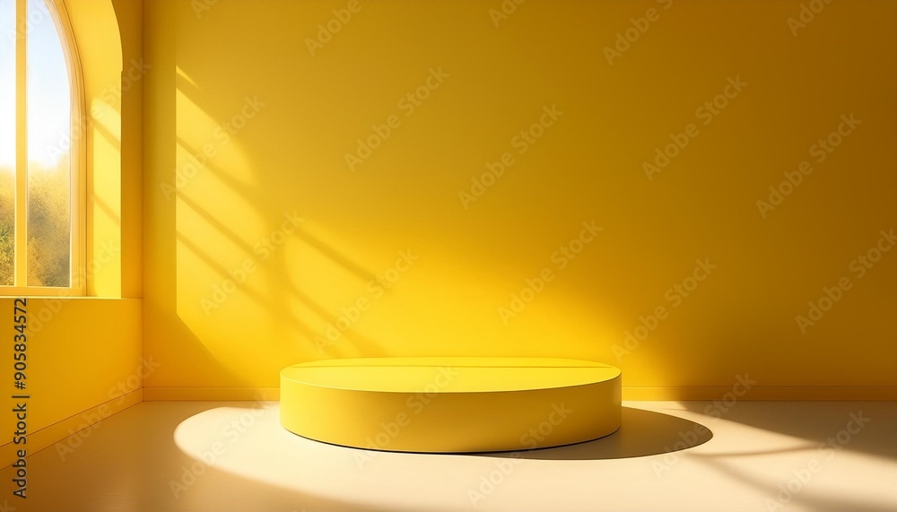 background yellow with golden sunlight inside the window on the lemon wall with an empty circular podium background yellow with golden sunlight inside the window on the lemon wall with an empty circular podium