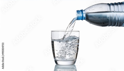 pouring water from bottle into glass with splashing isolated on white background