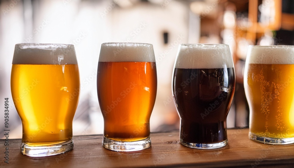 a selection of lager cider and wheat beer on a wooden table in a craft brewery a selection of lager cider and wheat beer on a wooden table in a craft brewery