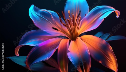 vibrant digital art of a multicolored lily flower against a dark background vivid blue orange and purple colors ideal for nature generative ai