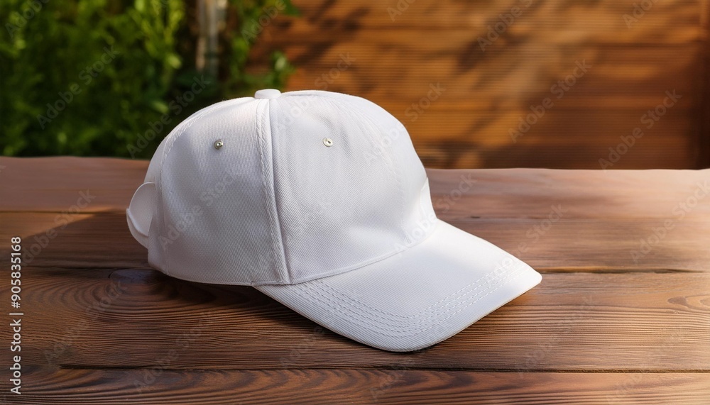 white cap baseball hat mockup on the wooden table white cap baseball hat mockup on the wooden table