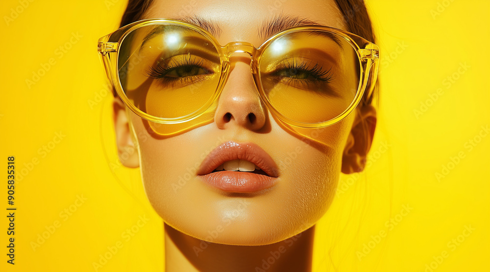 Close-up portrait of a woman wearing stylish yellow-tinted sunglasses against a bright yellow background. summer campaigns, and eyewear advertisements Close-up portrait of a woman wearing stylish yellow-tinted sunglasses against a bright yellow background. summer campaigns, and eyewear advertisements
