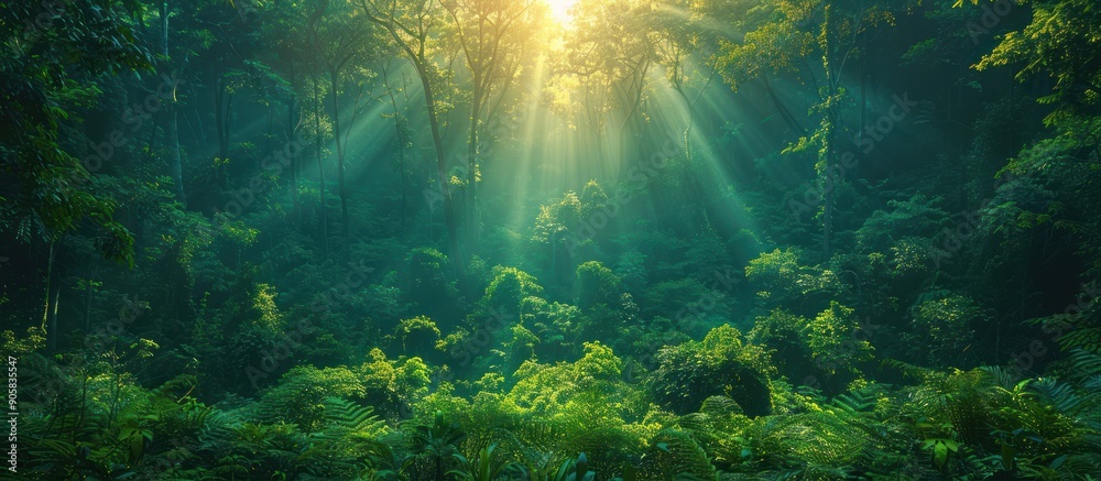 Fototapeta premium Sunbeams Filtering Through a Lush Rainforest