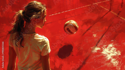a teenage girl holding a volleyball with her right arm on a regulation volleyball court.generative ai