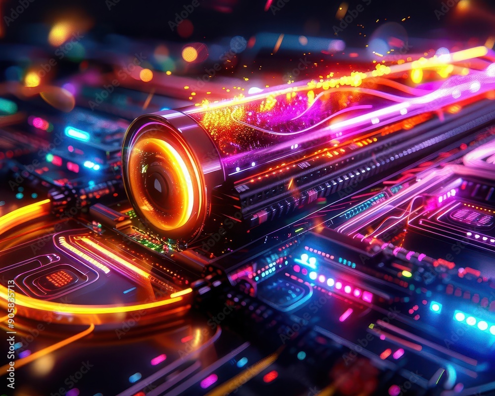 Holographic image displaying futuristic technology, Scifi, Bright colors, Digital art