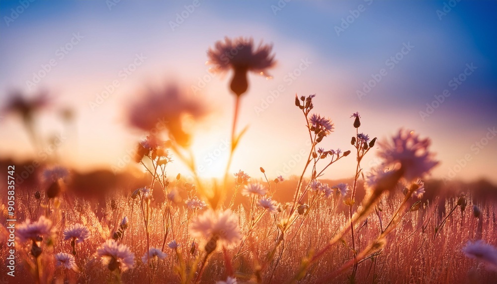 Obraz premium nature backdrop beautiful meadow with wild flowers over sunset sky beauty nature field background with sun flare easter nature backdrop bokeh silhouettes of wild grass and flowers