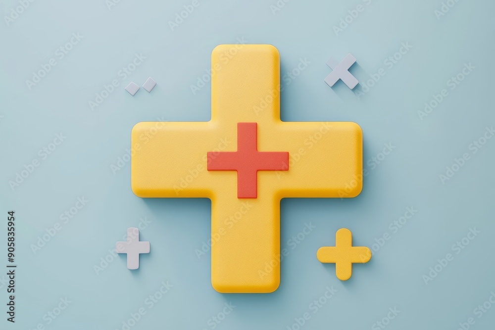 Obraz premium Yellow 3D cross with a red heart on a blue background representing healthcare medical aid and the compassionate care provided by healthcare professionals in a modern design.
