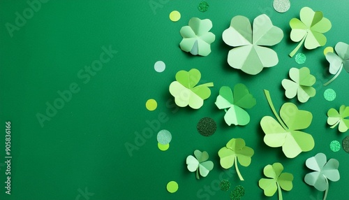 st patrick s day four leaf clover paper art on green background with confetti top view flat lay photo