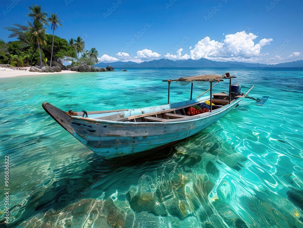 Fototapeta premium Island life with traditional activities and serene landscapes, Cultural, Bright colors, Photography