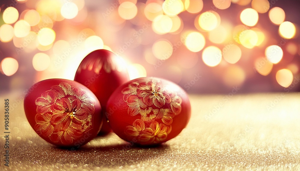 luxurious red easter eggs decorated with gold carved floral ornaments with glitter background light bokeh easter holiday holiday marketing greeting card greetings christian traditions luxurious red easter eggs decorated with gold carved floral ornaments with glitter background light bokeh easter holiday holiday marketing greeting card greetings christian traditions