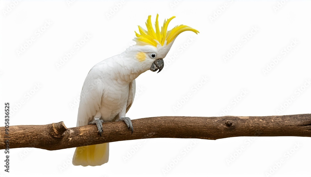 yellow crested cockatoo cacatua sulphurea perched on a tree branch isolated clipping path yellow crested cockatoo cacatua sulphurea perched on a tree branch isolated clipping path