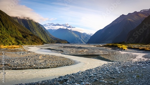 gravel bed in the valley of the glacial karangarua river meander fox glacier haast whataroa west coast new zealand oceania photo