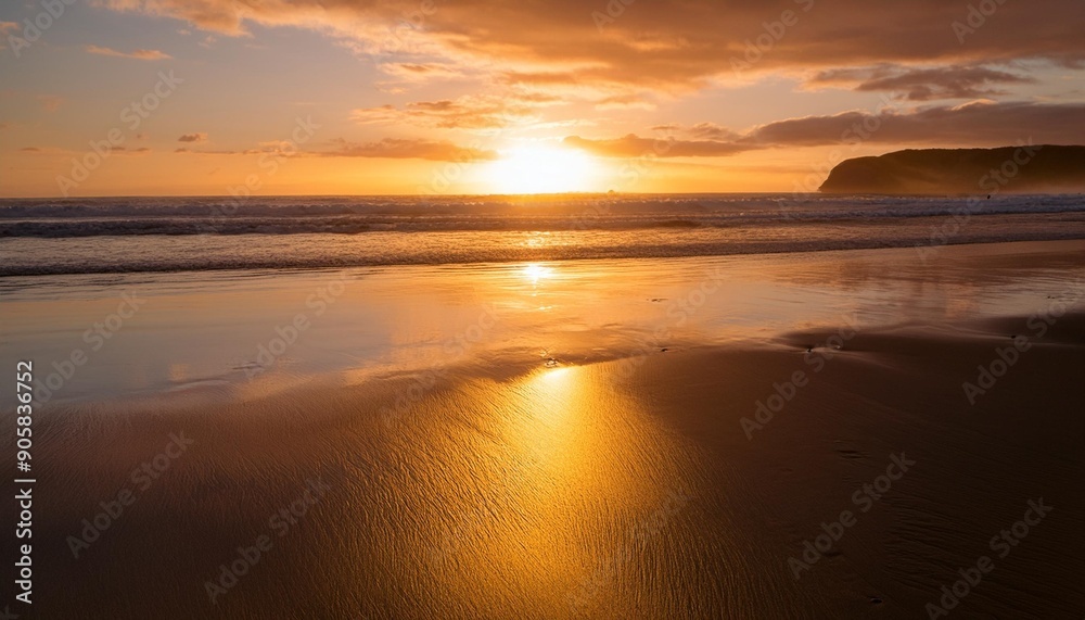 golden sunset over a tranquil beach with reflections on the wet sand golden sunset over a tranquil beach with reflections on the wet sand