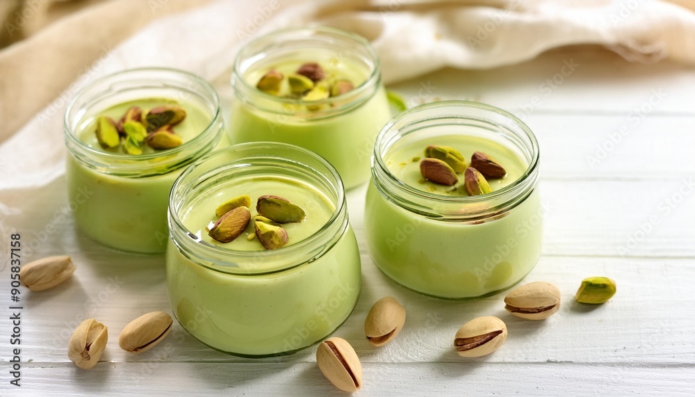 pistachio pudding in glass jars on a light wooden background pistachio pudding in glass jars on a light wooden background