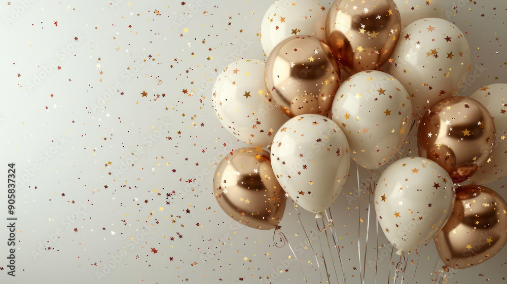White celebration background with star balloons, confetti and place for text.generative ai White celebration background with star balloons, confetti and place for text.generative ai