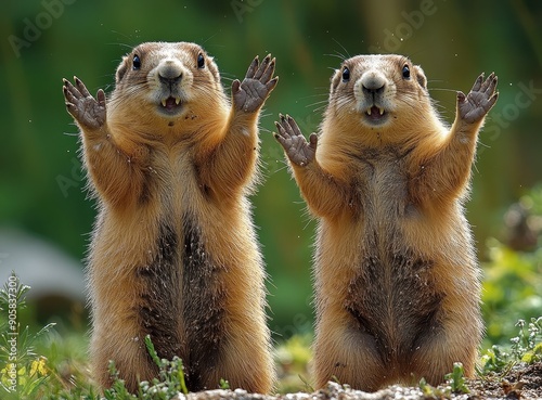 Two Marmots in Alpine Meadow Standing on Hind Legs, One Showing Teeth and the Other Raising Hands in Cute Pose, National Geographic Photography Style photo