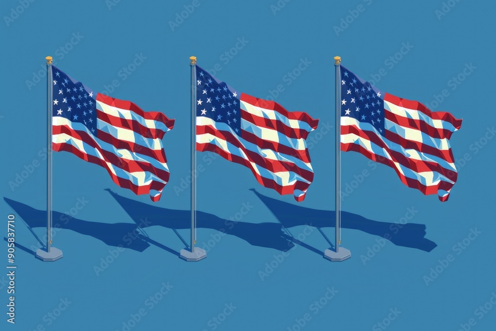 Obraz premium Three US flags waving in the wind, a symbol of patriotism and national pride