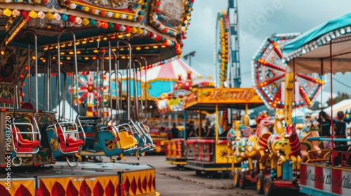 Colorful Carousel with Swinging Seats at a Funfair.