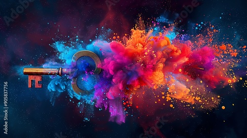 A vibrant explosion of colors surrounding a key, symbolizing creativity, opportunity, and unlocking potential.