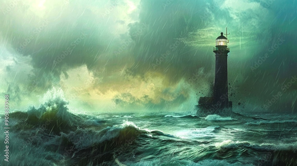 Stormy ocean waves surround a solitary lighthouse. The lighthouse ...