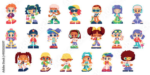 Vector Girls And Boys Characters Retro Cartoon Y2k Style Set Illustration Isolated
