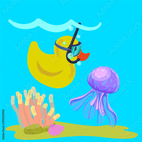 Cute yellow rubber duck diving underwater and looking at jellyfish.