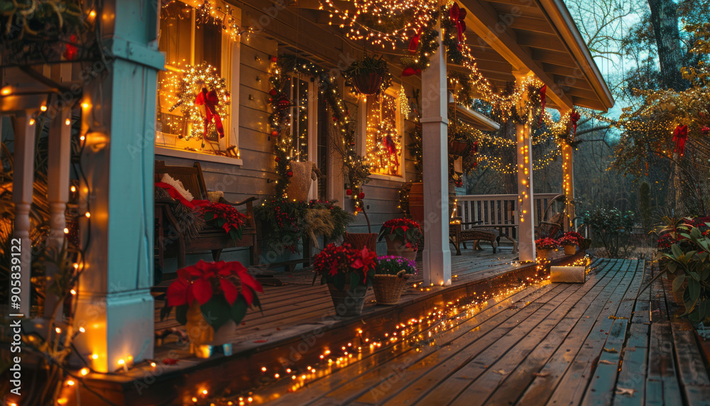 side view of a porch decorated with christmas decorations and lights. porch of an american home. The location is an American dining room, holiday party, night scene, generative ai