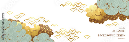 和柄, 雲, 波, 和, 和風, 年賀状, 背景, フレーム, ベクター, イラスト
