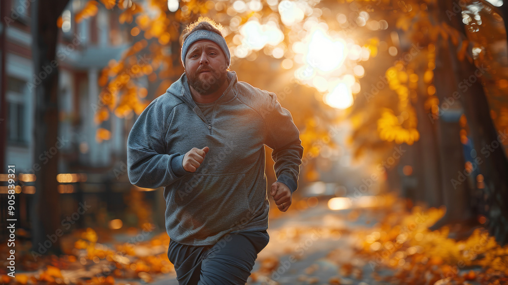 Obraz premium an overweight individual running, urban setting, focus on facial expression and movement,generative ai