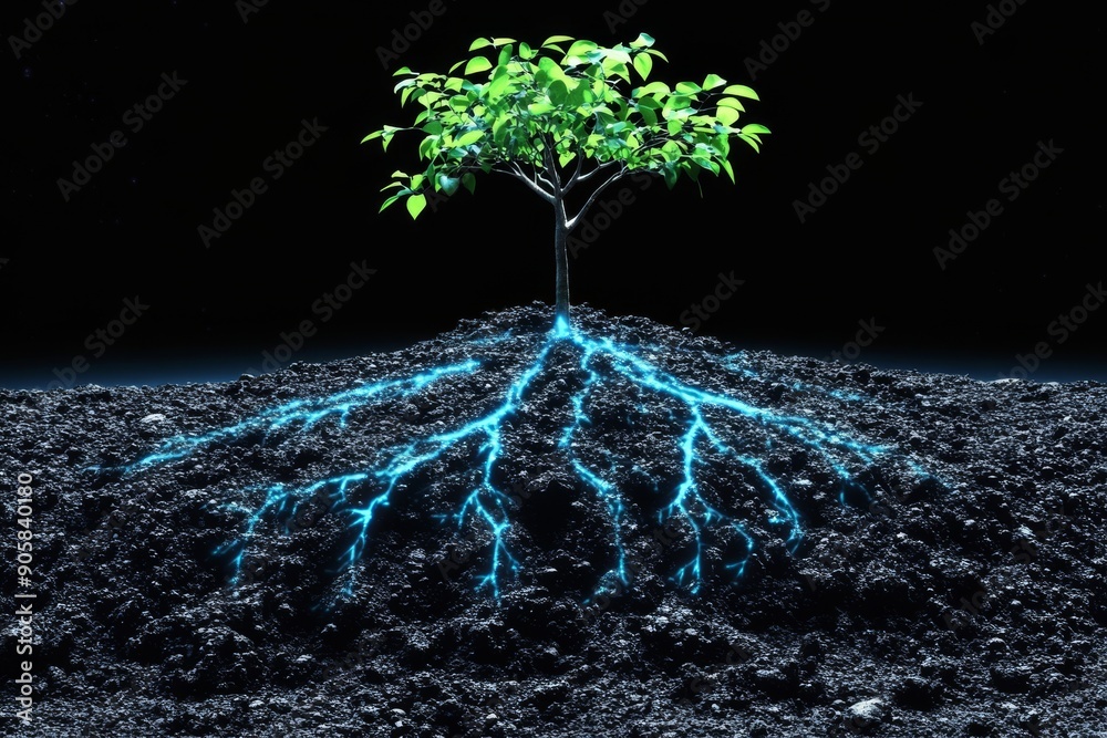 Tree with glowing blue roots in a dark environment symbolizing the deep ...