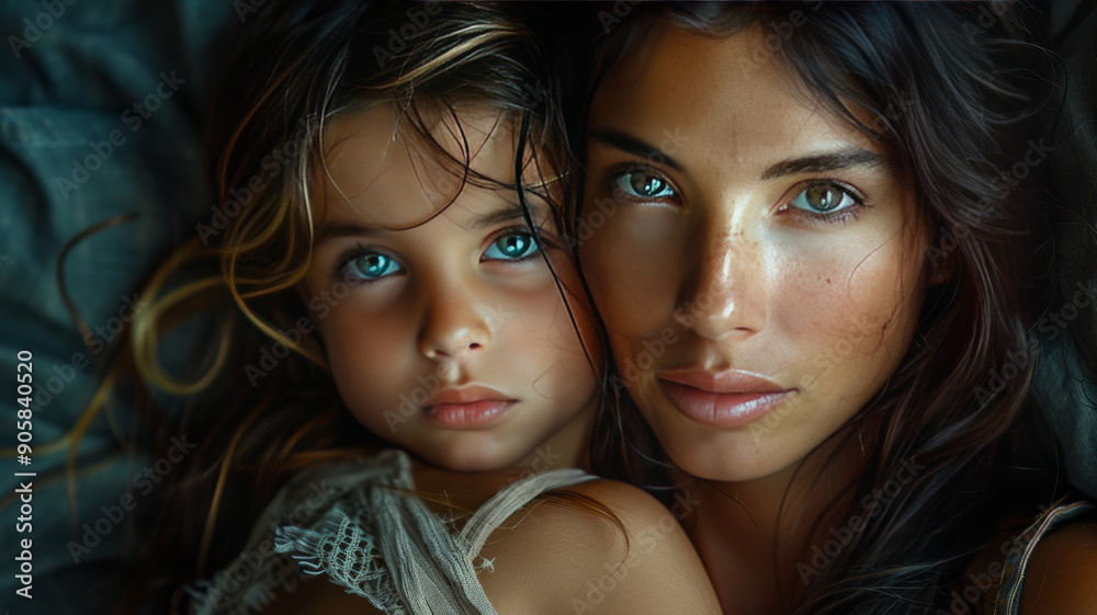 woman with long dark hair in a ponytail, holding young girl in her arms, generative ai woman with long dark hair in a ponytail, holding young girl in her arms, generative ai