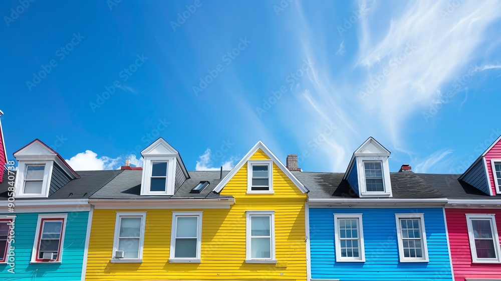 A row of colorful houses against a clear blue sky. A row of colorful houses against a clear blue sky.