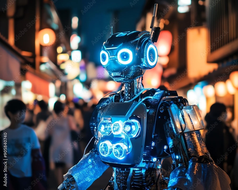 Futuristic robot with glowing features stands in a vibrant city nightlife scene, capturing the essence of advanced technology.