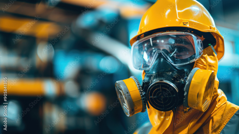 Industrial worker wearing full protective gear including helmet and respirator, standing in a manufacturing environment with blurred background. Industrial worker wearing full protective gear including helmet and respirator, standing in a manufacturing environment with blurred background.