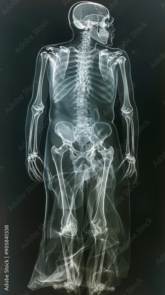 X-ray of a full-length human skeleton, from head to feet, with a knife stuck inside the chest.generative ai X-ray of a full-length human skeleton, from head to feet, with a knife stuck inside the chest.generative ai