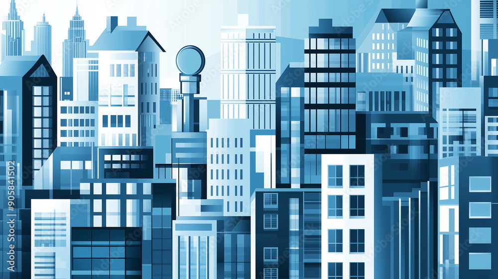 Modern Cityscape Illustration With Blue Tones Featuring Various Buildings And Skyscrapers In An Urban Setting Modern Cityscape Illustration With Blue Tones Featuring Various Buildings And Skyscrapers In An Urban Setting