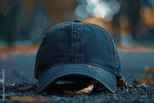 A single baseball cap lying on the grassy ground, great for outdoor or casual themed projects