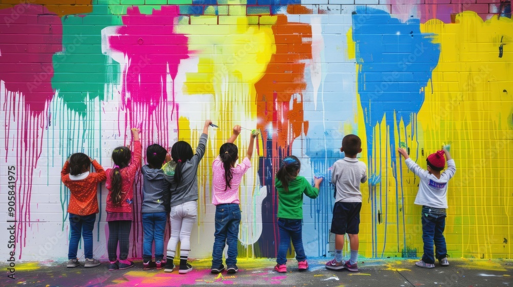 Naklejka premium Children painting colorful mural on brick wall.